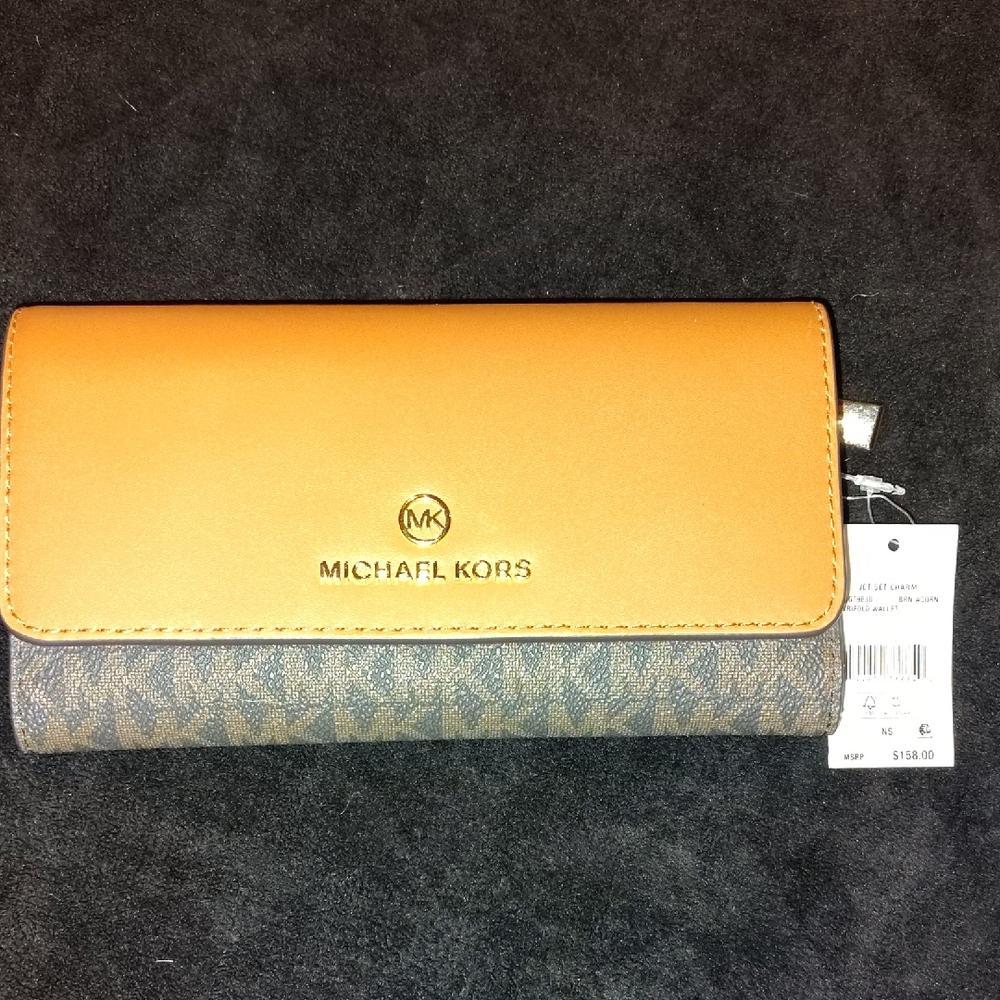 Michael Kors Tan and Gray Wallet With Gold Accents